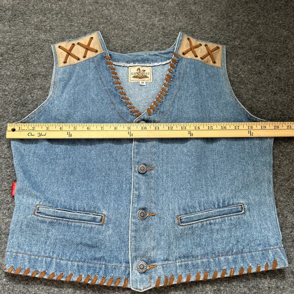 Sap Man Denim Vest Womens Size Medium Leather Trim Lace Detail Southwest Cowgirl - Picture 10 of 13